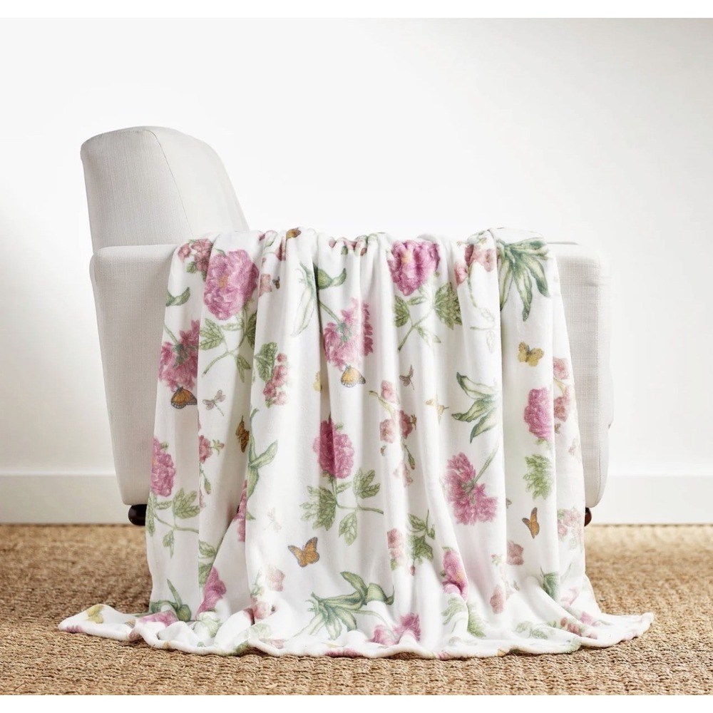 New! Lenox Butterfly Meadow Bloom Pink Throw Blanket - Picture 1 of 5